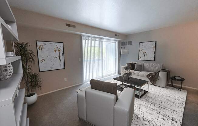 an image of a living room with white furniture and a white rug