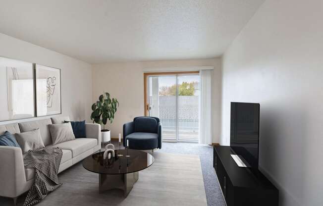 a living room with a couch and a coffee table. Fargo, ND Oxford Apartments