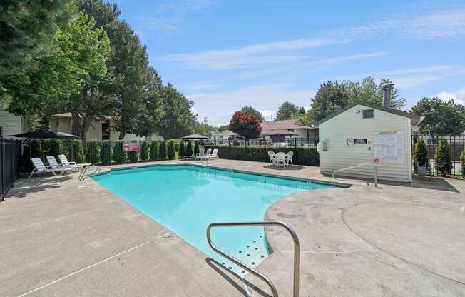 A swimming pool surrounded by a concrete patio and trees.