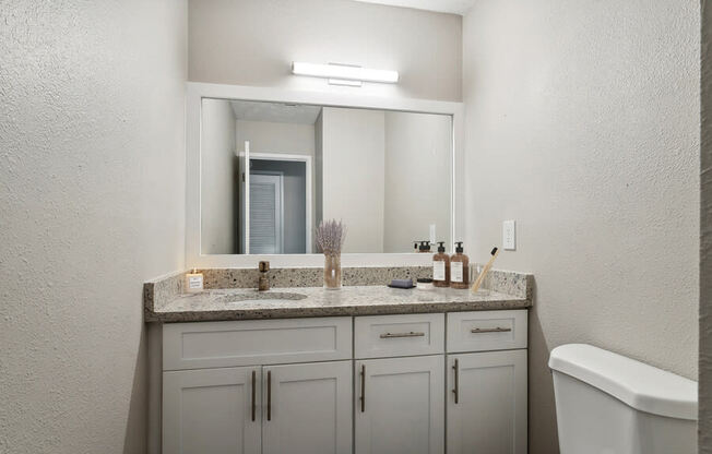 Model apartment bathroom with a sink and a mirror and a toilet