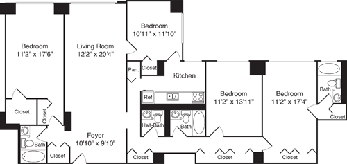 4 beds, 3 baths, 1,557 sqft, $11,175, Unit 10H