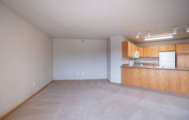 Empty room with a kitchenette and carpeted floor. Fargo, ND East Bridge Apartments