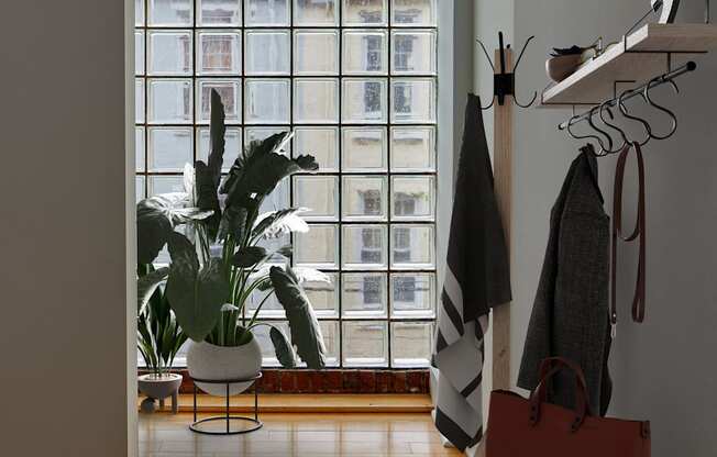 a living room with a large window and a bench with a bag and a plant