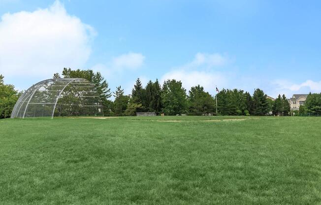 a large green field with trees in the background