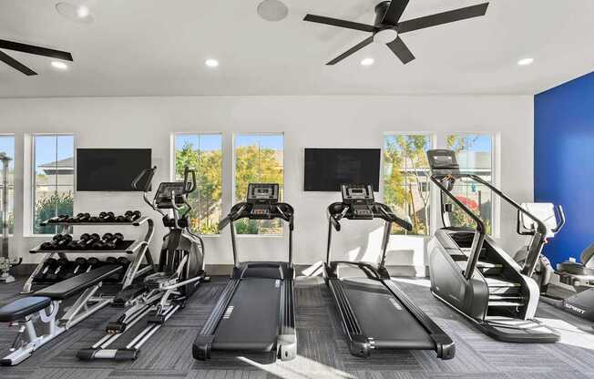 A spacious gym with treadmills, exercise bikes, and dumbbells.