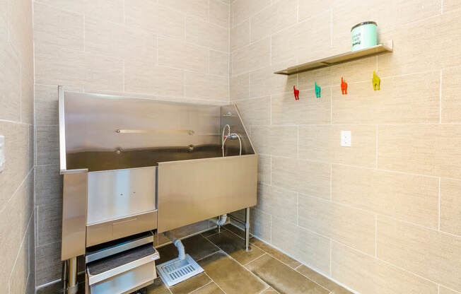 Pet Spa, stainless steel sink in a bathroom with a wall-mounted shelf above it.