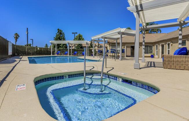 a pool next to a building