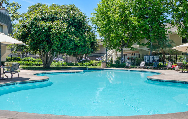 a swimming pool with trees and umbrellas near a building