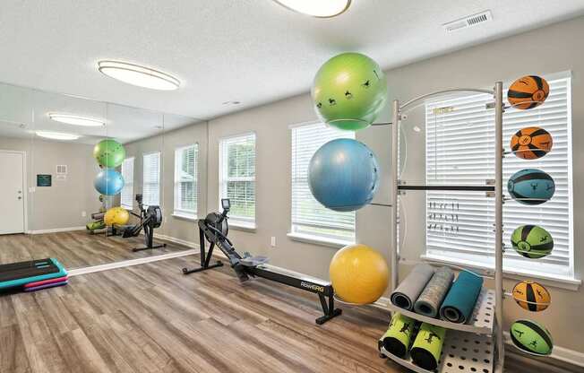 A gym with exercise balls of various sizes and colors.
