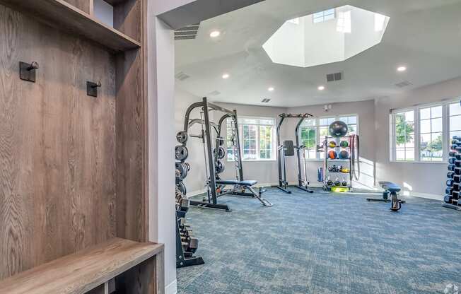 A well-equipped home gym with a variety of exercise equipment.