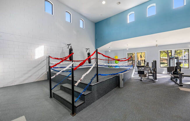 a gym with a seesaw and weights in a building with white and blue walls