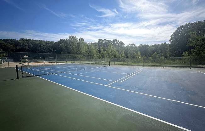 a tennis court on a sunny day with trees