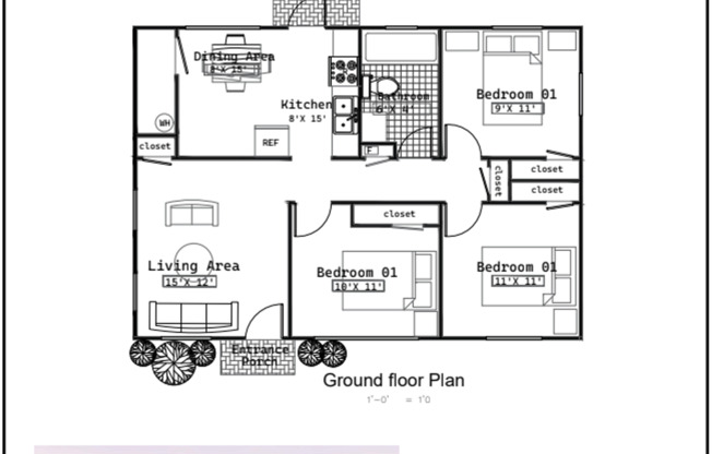 3 beds, 1 bath, $900