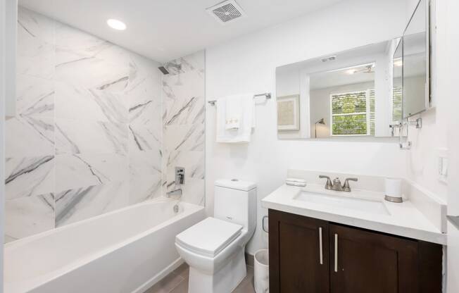 a bathroom with a tub sink toilet and a mirror