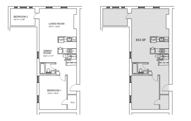2 beds, 1 bath, 832 sqft, $2,061, Unit B-403