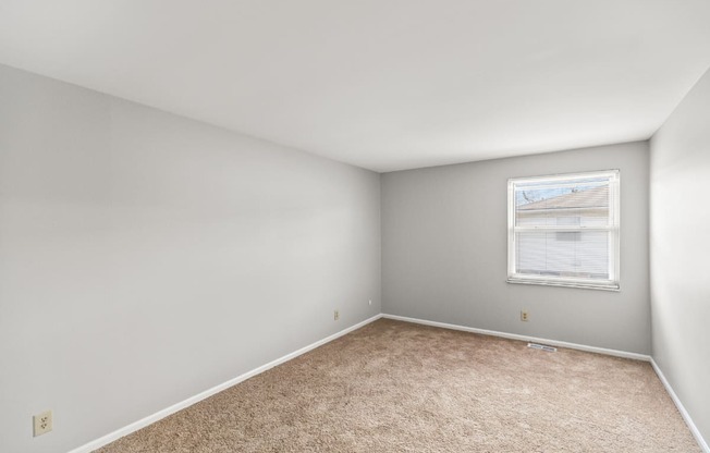 A room with a carpeted floor and a window with blinds.