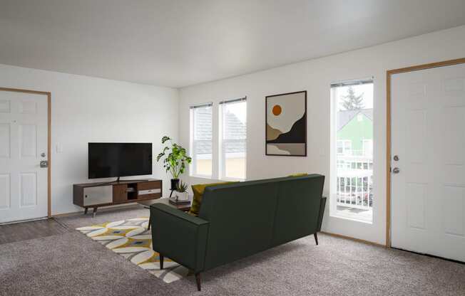 a living room with a green couch and a television