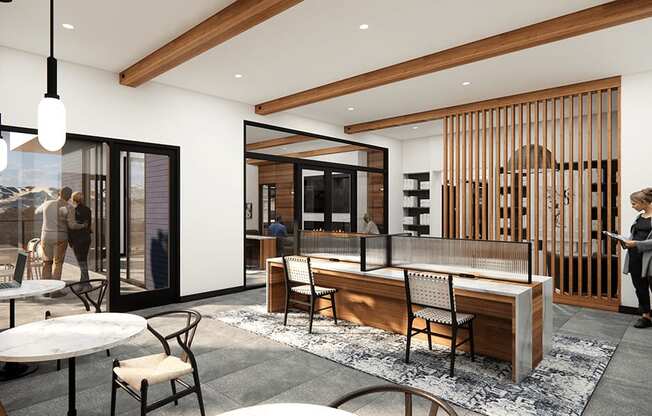 a rendering of a hotel lobby with a bar and tables