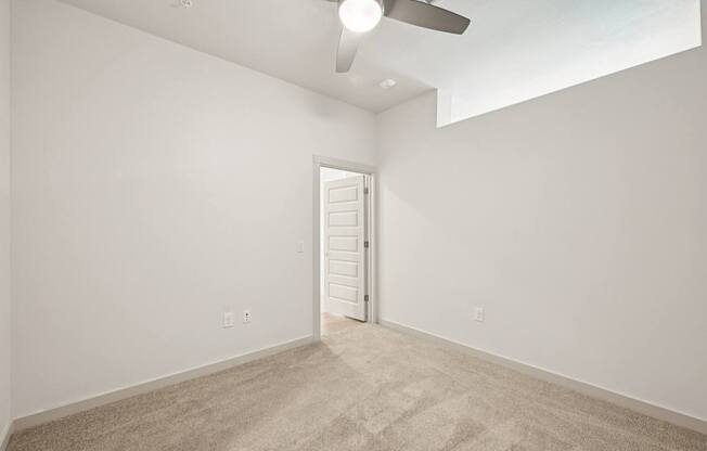 A room with a carpeted floor and a ceiling fan.
