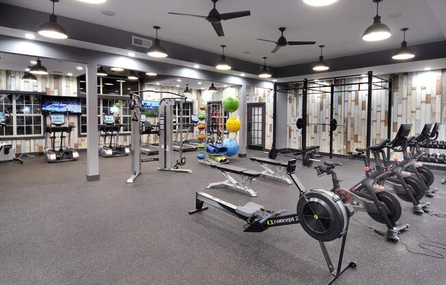 the gym at the flats at big tex apartments at Willowest in Lindbergh, Atlanta