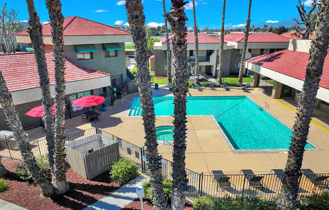 A pool surrounded by palm trees and red umbrellas.