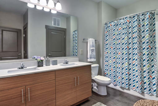 a bathroom with a shower curtain and a toilet