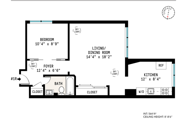 1 bed, 1 bath, 570 sqft, $3,300, Unit 1R