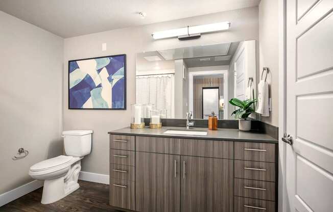 Large bathroom with sink and drawers underneath