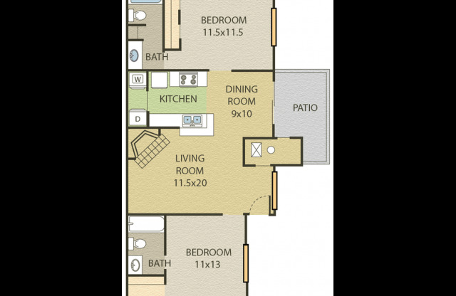 2 beds, 2 baths, 927 sqft, $1,397