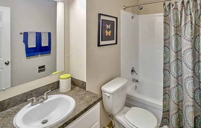 Apartments in Renton WA-Sunset View Bathroom with Large Tub and Shower Area and Plenty of Cabinet and Counter Space