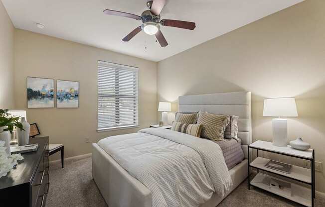 A bedroom with a large bed, a ceiling fan, and a nightstand with a lamp.