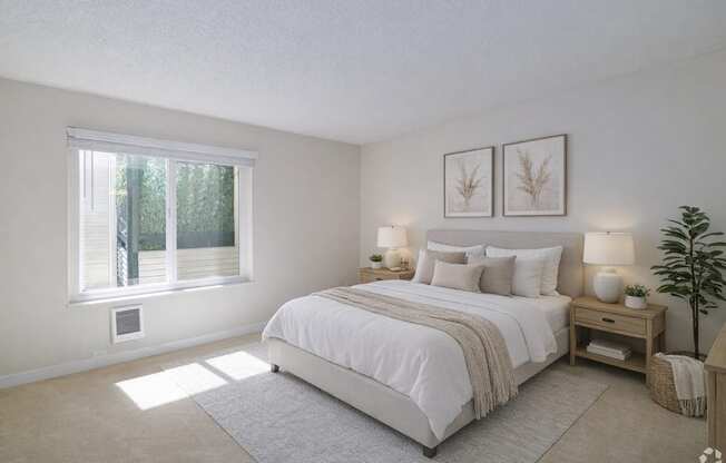 A bedroom with a large bed and a window with blinds.