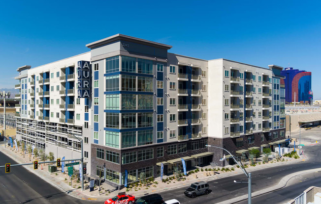 an aerial view of an apartment building on a city street at Aura Vegas Apartments, Nevada, 89103