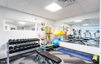 Fitness center with yoga equipment and dumbbells