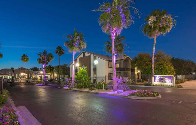 A building with palm trees in front of it is lit up at night at Sterling Point Apartment Homes, Arizona