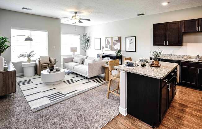 Luxury studio, one, and two bedroom apartment homes featuring granite countertops, stainless steel appliances, and fireplaces at East Lake Flats in Lincoln, NE