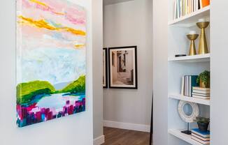 walk way with bookshelf storage