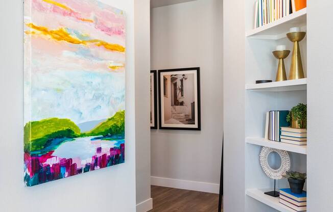 walk way with bookshelf storage