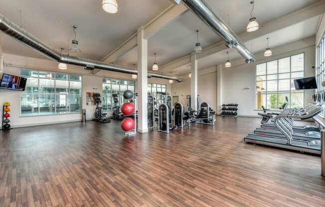 Fitness Center with  Weight Machines, Hardwood Inspired Floor, Yoga Balls, Treadmills