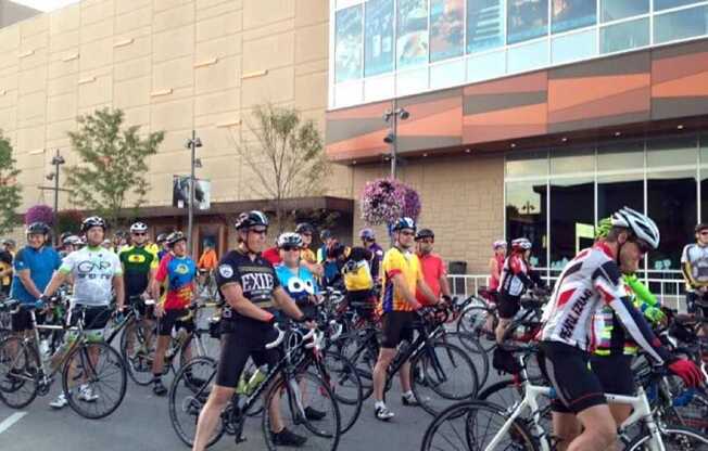 A group of cyclists are lined up and ready to start a race.