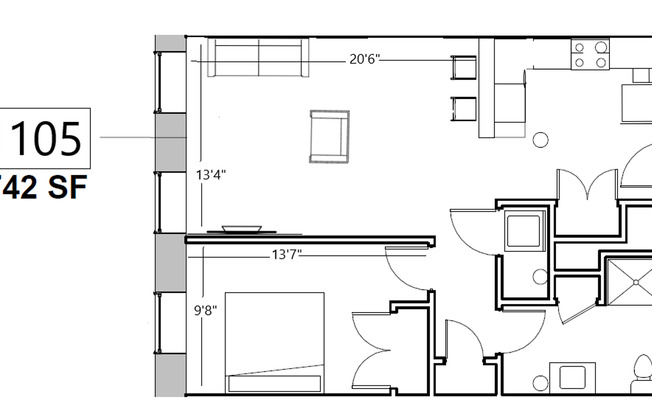 1 bed, 1 bath, 581 sqft, $1,675, Unit 1105