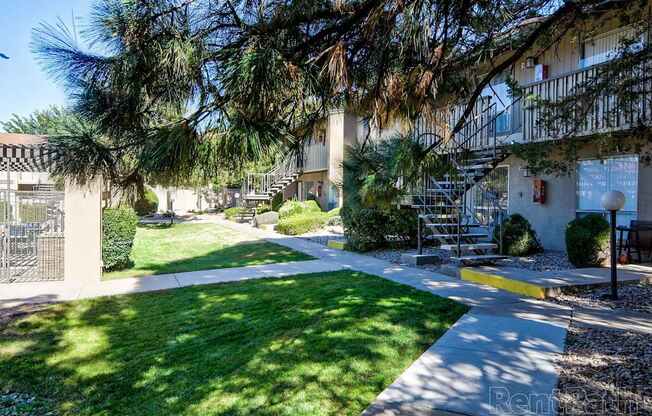 A sunny day at the courtyard of a residential building.