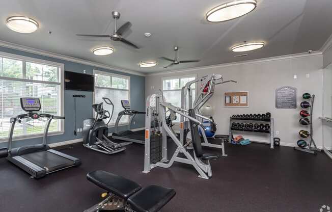 gym with exercise equipment and windows at the apartments