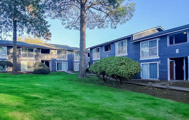 A row of blue apartment buildings with green lawns in front.