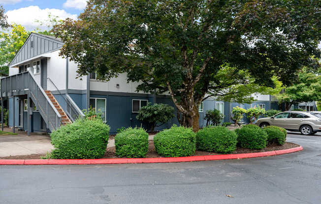 A grey building with a tree in front of it.