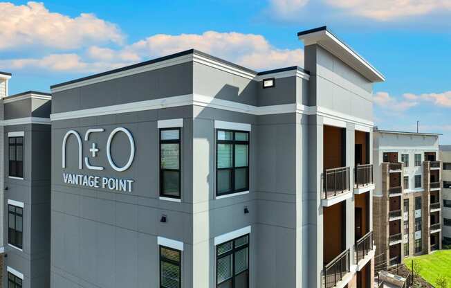 a building with the point logo on it