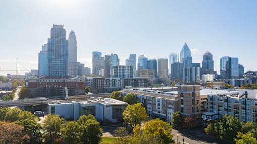 A cityscape with a mix of modern and older buildings, with trees in the foreground.