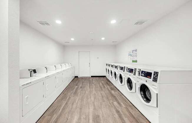 A row of white washing machines in a laundry room.