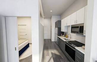 Artsy one bedroom apartment with galley kitchen and half wall near Southend, Charlotte, NC