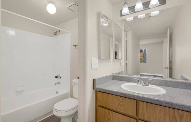 A bathroom with a toilet, sink, and mirror.